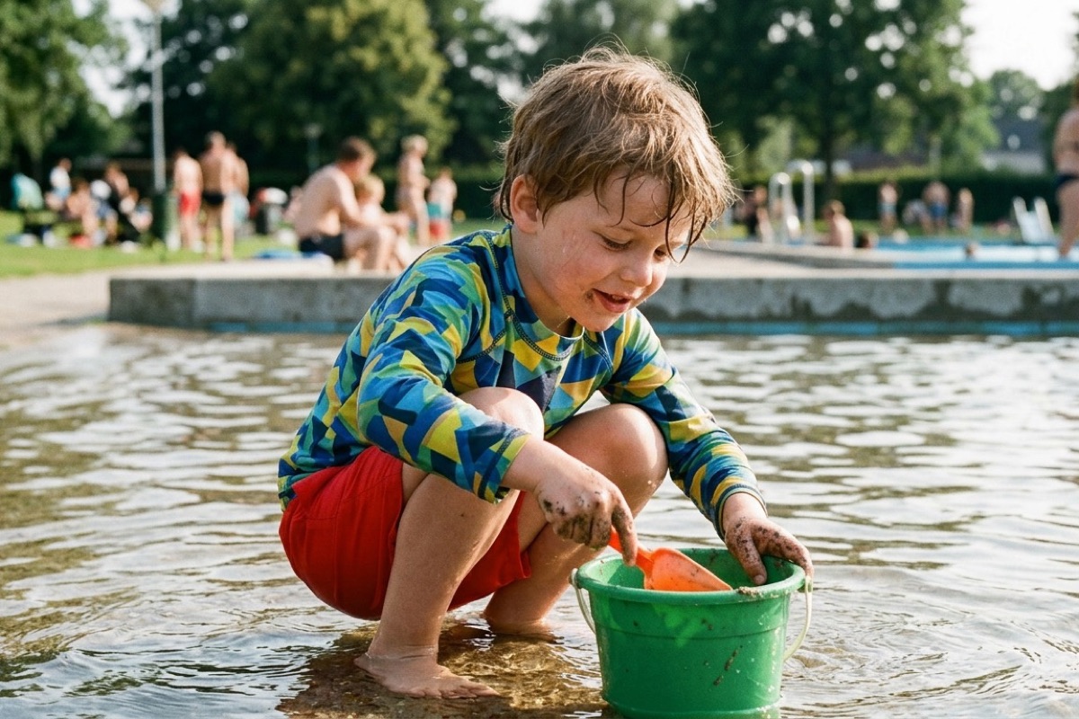 Jongen in rode zwemshort en kleurig UV-zwemshirt speelt met een groene emmer in ondiep water bij een buitenzwembad.