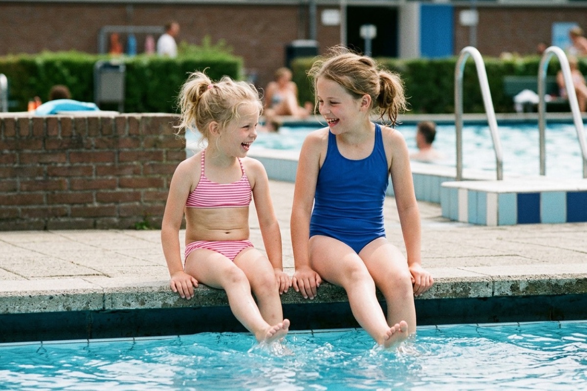 Twee meisjes zitten aan de rand van een zwembad en lachen, de een in een gestreepte bikini, de ander in een blauw badpak.