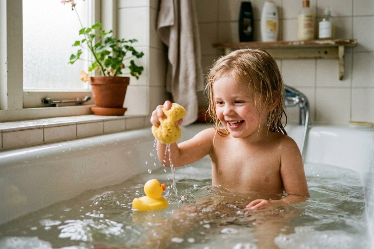 Een Nederlands kind speelt rustig met een spons en water in een warm bad bij zacht licht