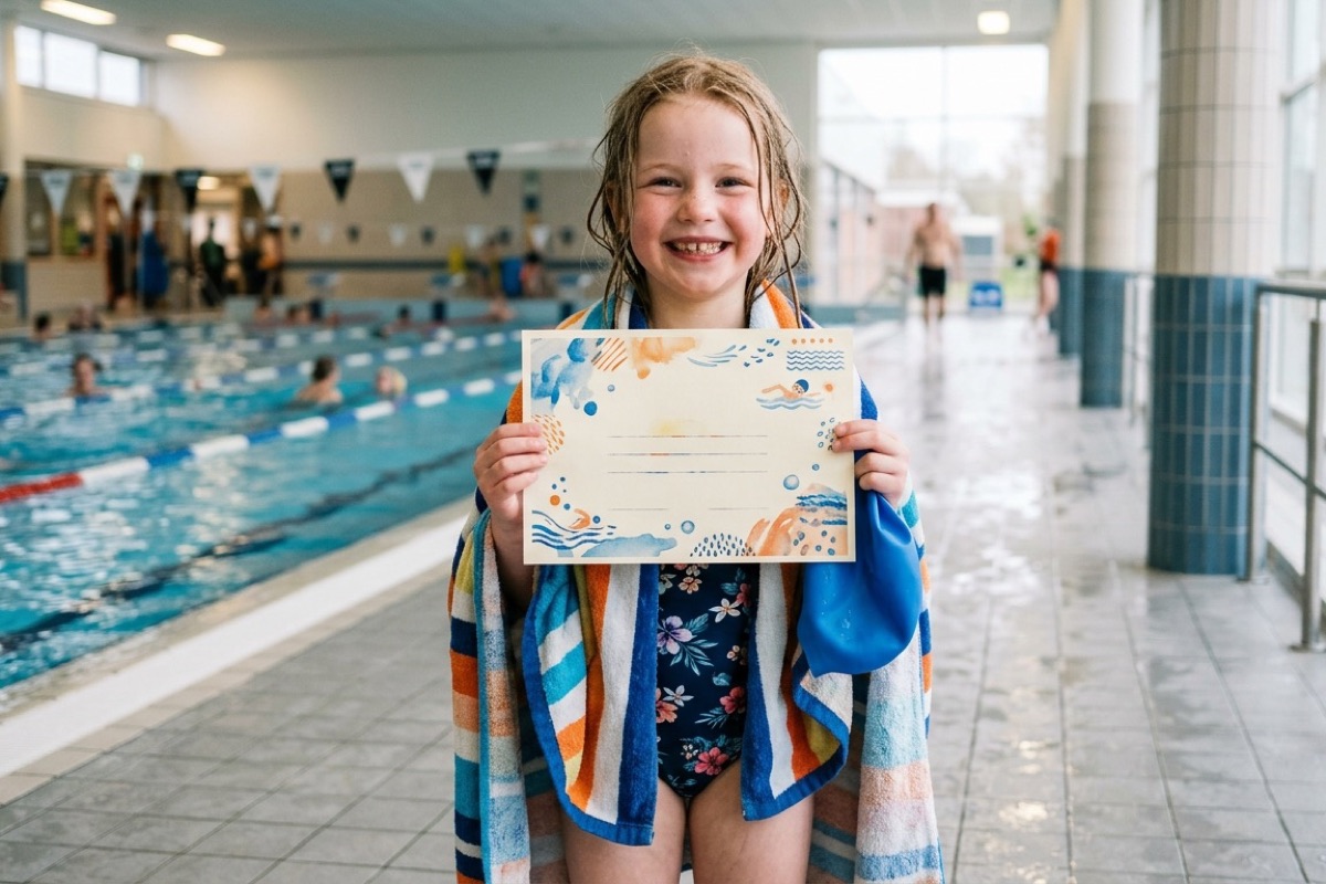 Een Nederlands kind houdt trots een zwemdiploma vast naast een binnenzwembad bij zacht licht