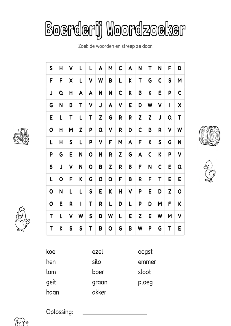 Boerderij Woordzoeker Groep 5-6 — gratis werkblad PDF