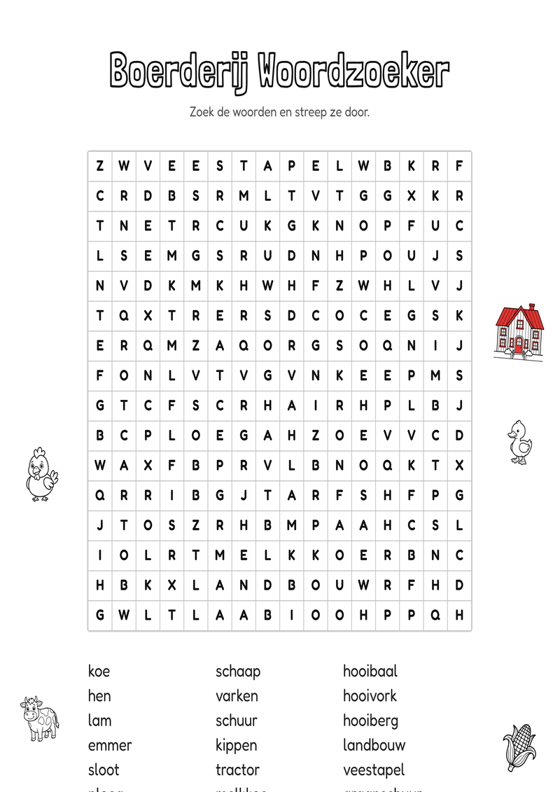 Boerderij Woordzoeker Groep 7-8 — gratis werkblad PDF