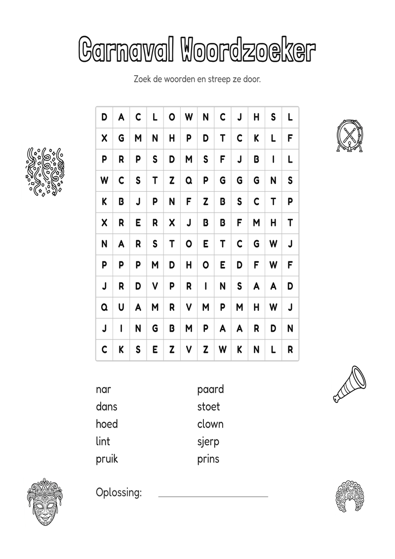 Carnaval Woordzoeker Groep 3-4 — gratis werkblad PDF
