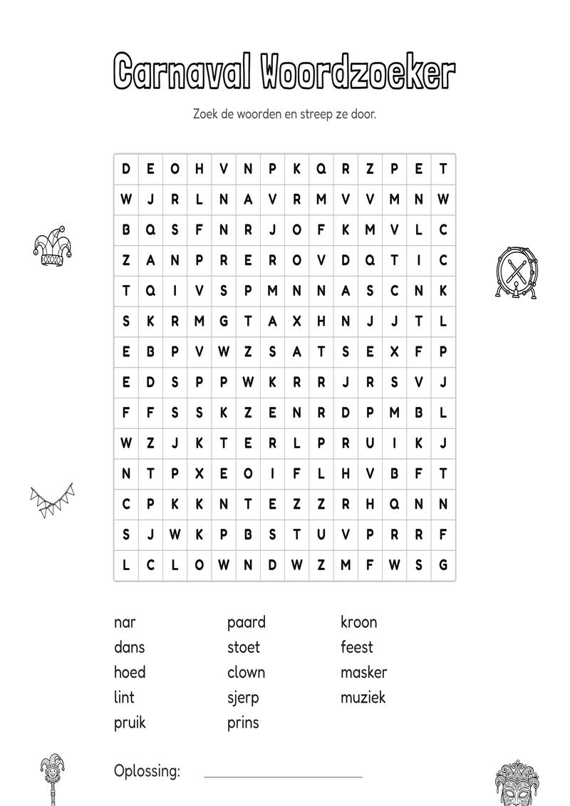 Carnaval Woordzoeker Groep 5-6 — gratis werkblad PDF
