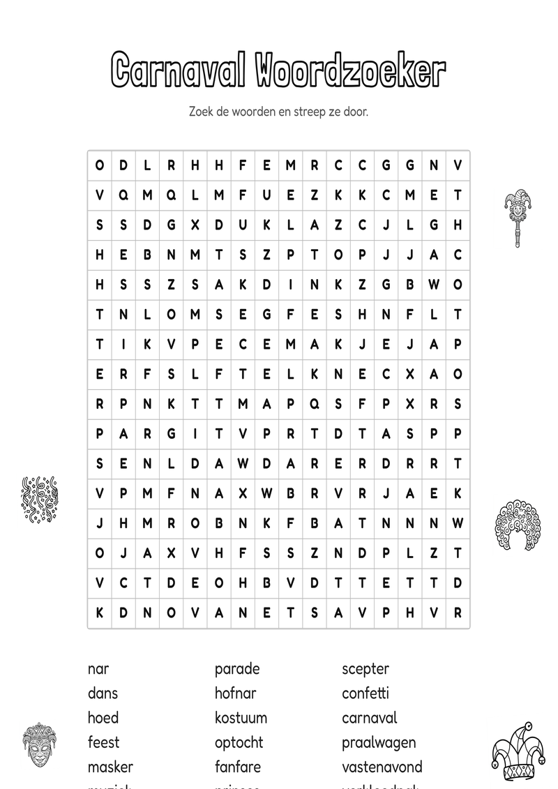 Carnaval Woordzoeker Groep 7-8 — gratis werkblad PDF