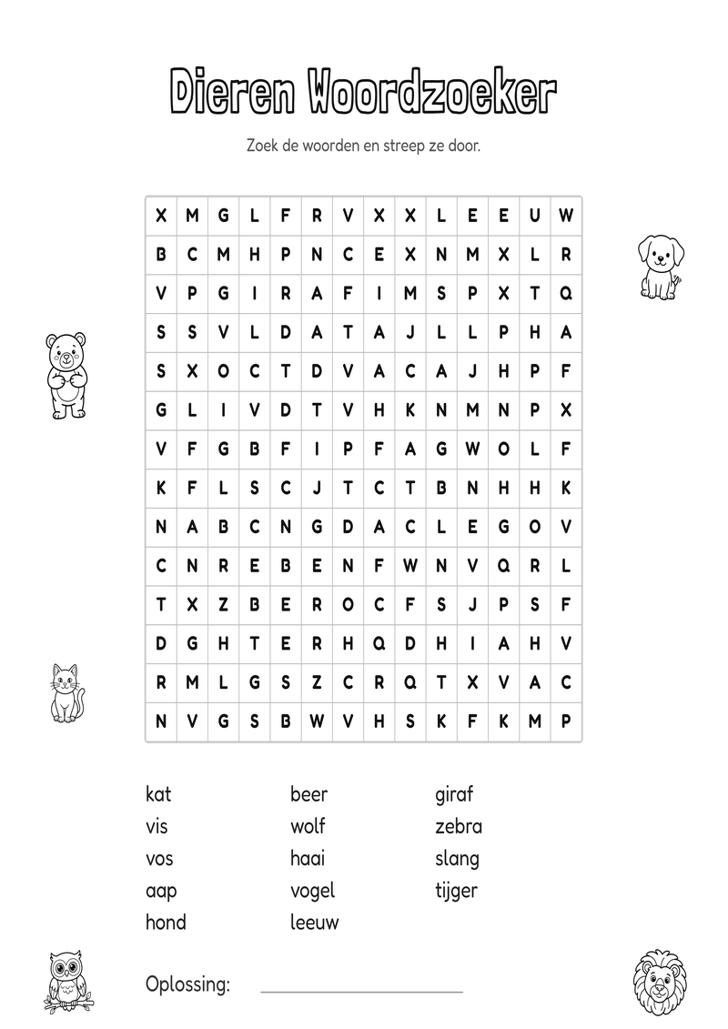 Dieren Woordzoeker Groep 5-6 — gratis werkblad PDF