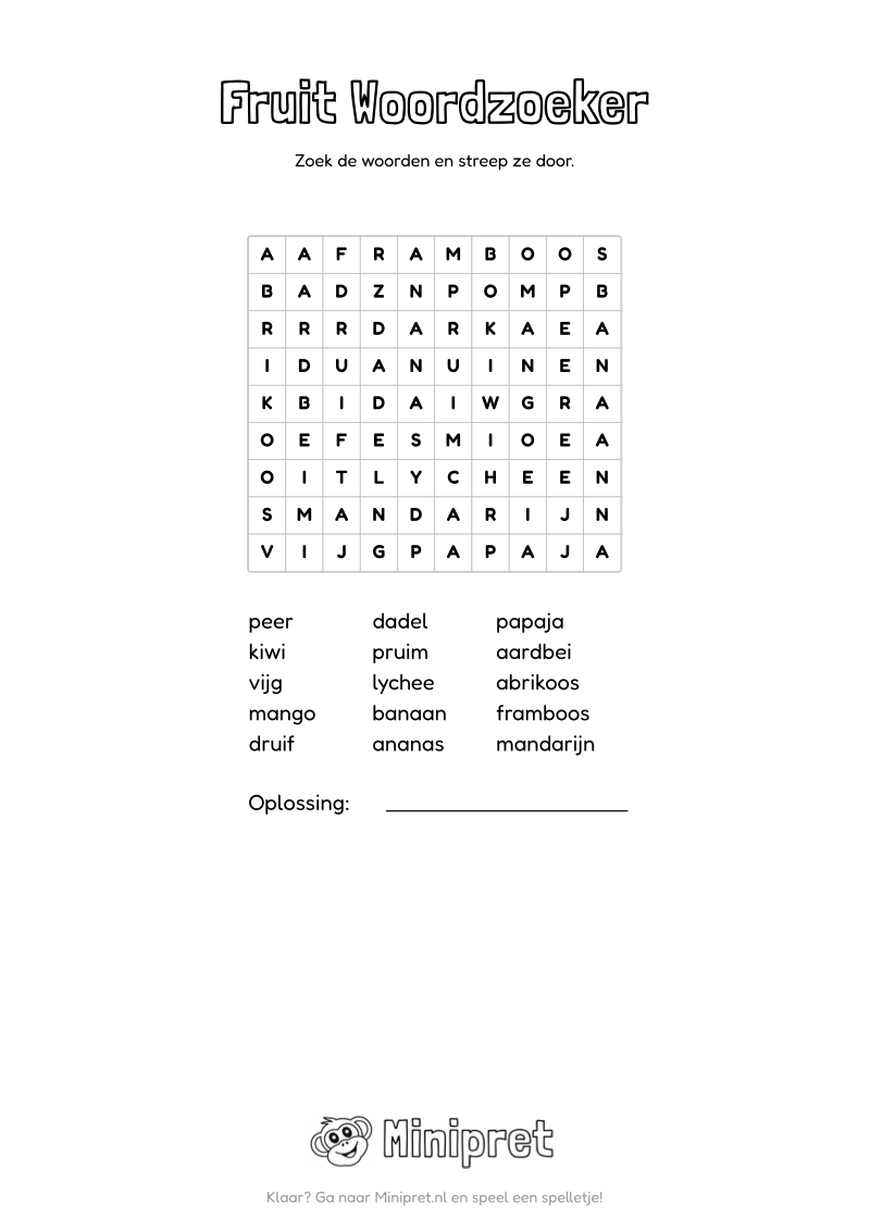 Fruit Woordzoeker Groep 3-4 — gratis werkblad PDF