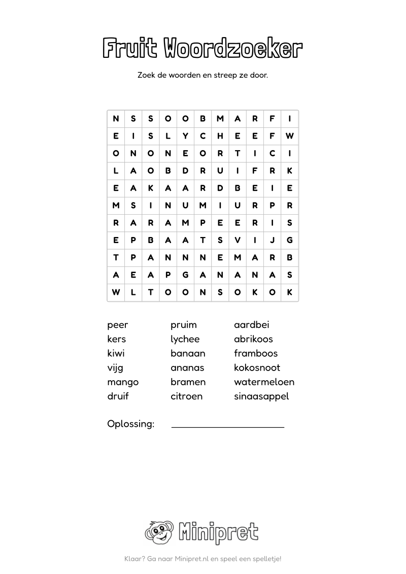 Fruit Woordzoeker Groep 5-6 — gratis werkblad PDF