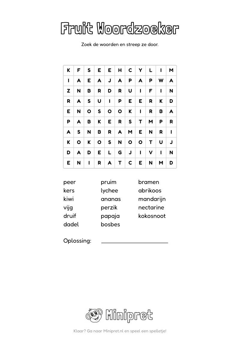 Fruit Woordzoeker Groep 7-8 — gratis werkblad PDF
