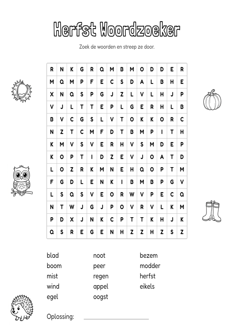Herfst Woordzoeker Groep 5-6 — gratis werkblad PDF