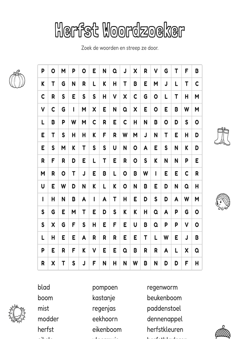 Herfst Woordzoeker Groep 7-8 — gratis werkblad PDF