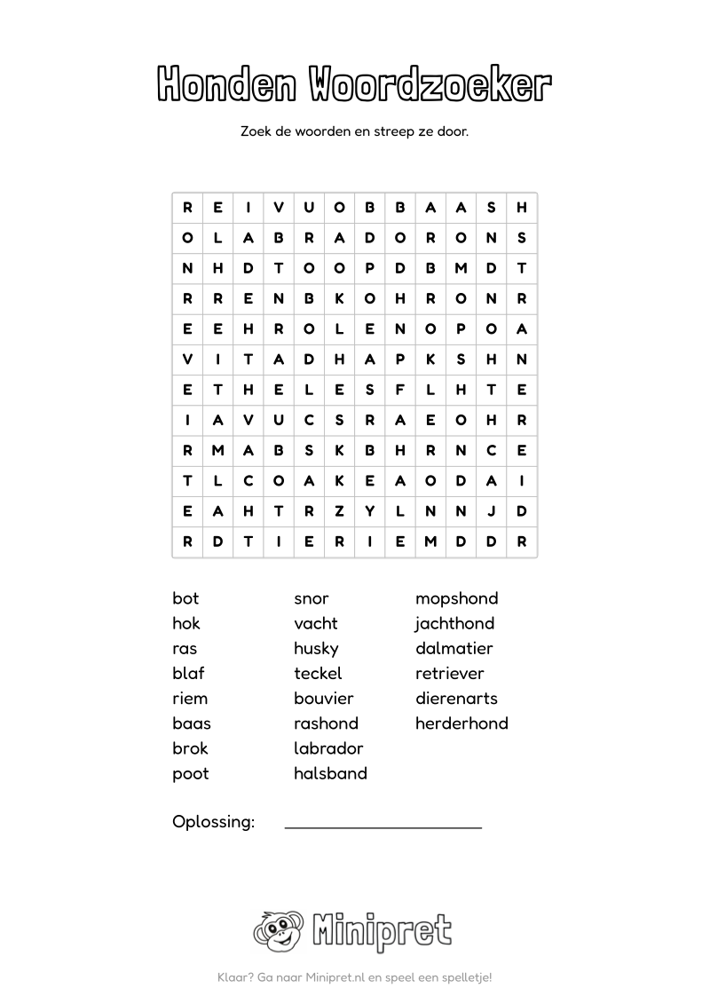 Honden Woordzoeker Groep 7-8 — gratis werkblad PDF