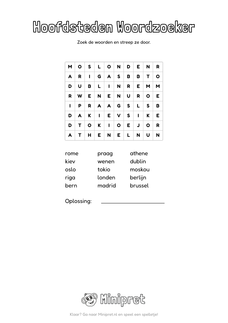 Hoofdsteden Woordzoeker Groep 3-4 — gratis werkblad PDF