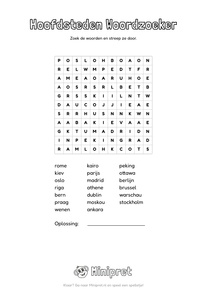 Hoofdsteden Woordzoeker Groep 5-6 — gratis werkblad PDF