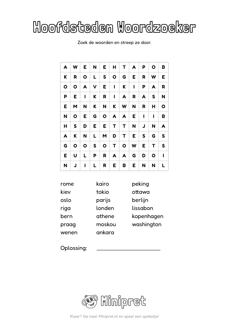 Hoofdsteden Woordzoeker Groep 7-8 — gratis werkblad PDF