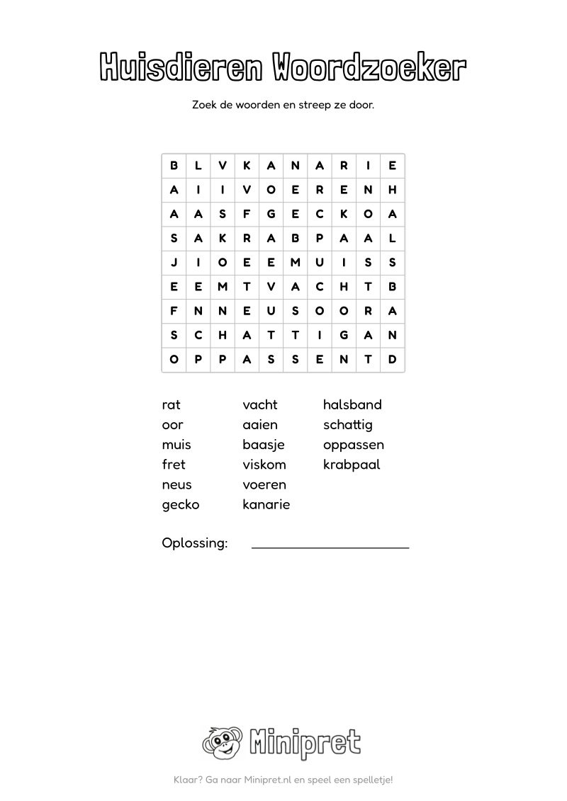 Huisdieren Woordzoeker Groep 3-4 — gratis werkblad PDF