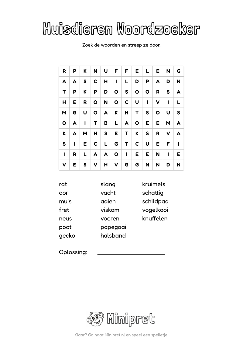 Huisdieren Woordzoeker Groep 5-6 — gratis werkblad PDF