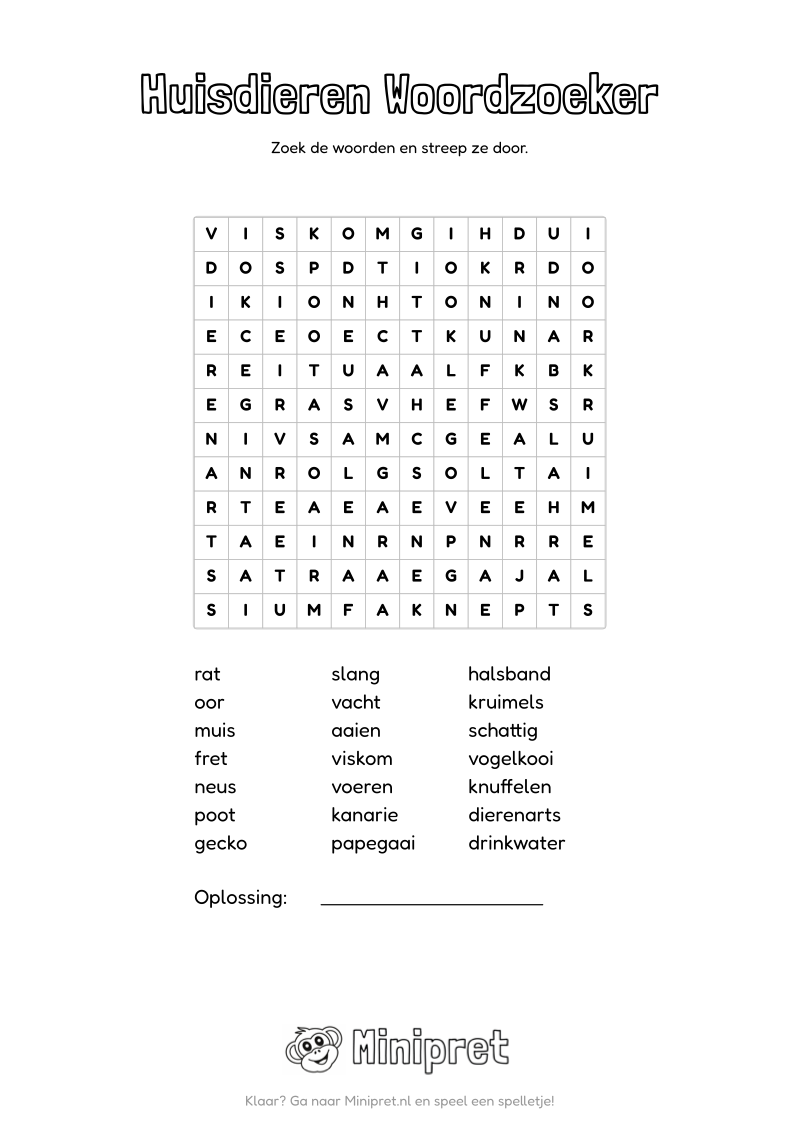 Huisdieren Woordzoeker Groep 7-8 — gratis werkblad PDF