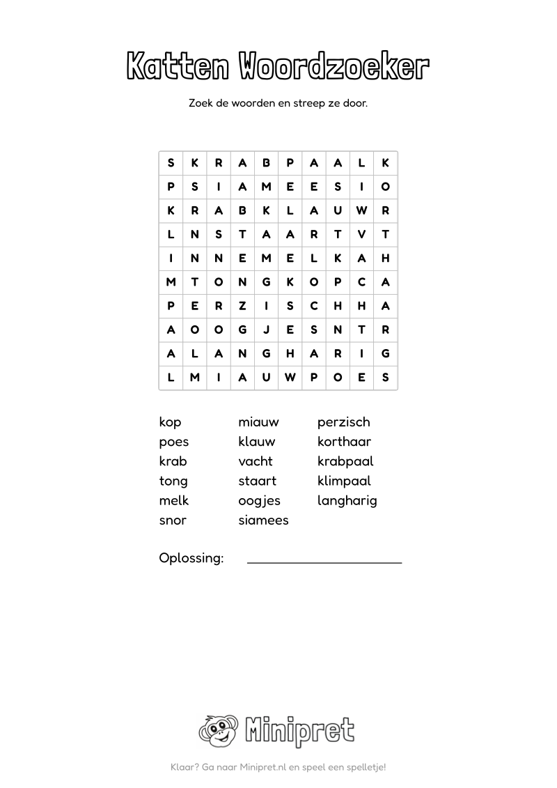 Katten Woordzoeker Groep 3-4 — gratis werkblad PDF