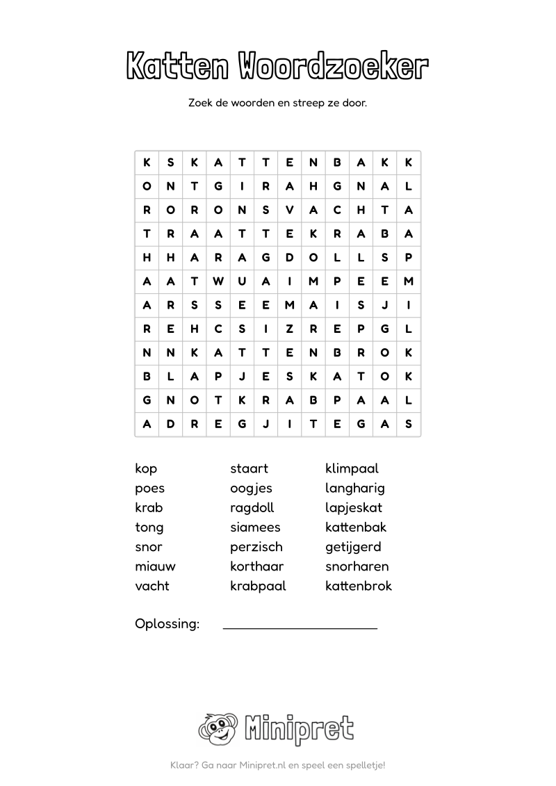Katten Woordzoeker Groep 5-6 — gratis werkblad PDF