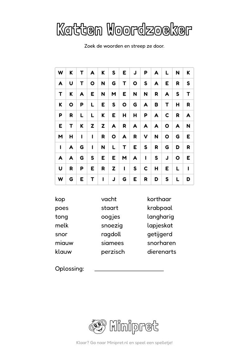 Katten Woordzoeker Groep 7-8 — gratis werkblad PDF