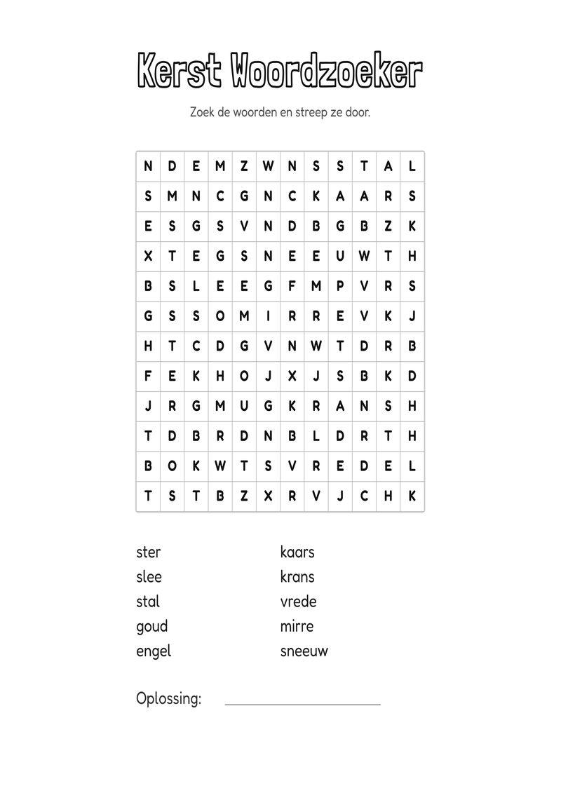 Kerst Woordzoeker Groep 3-4 — gratis werkblad PDF