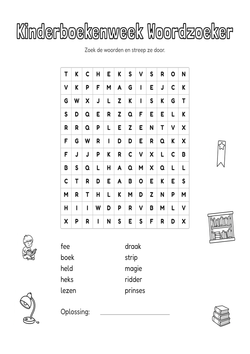 Kinderboekenweek Woordzoeker Groep 3-4 — gratis werkblad PDF