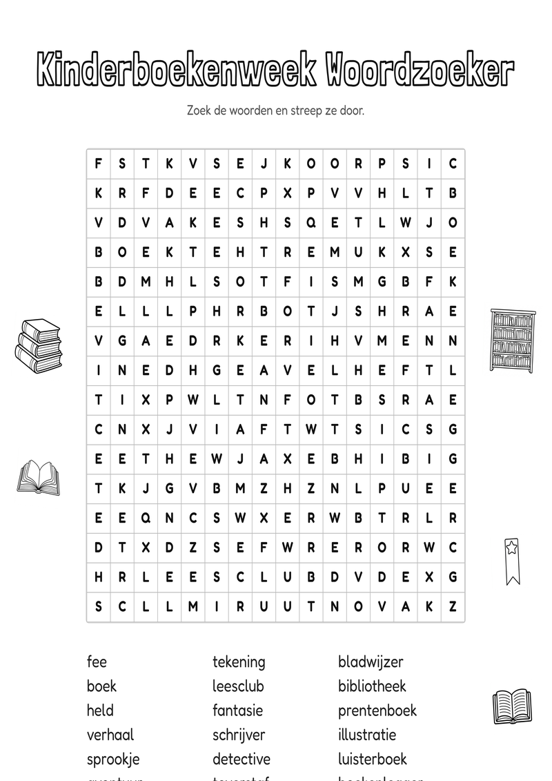Kinderboekenweek Woordzoeker Groep 7-8 — gratis werkblad PDF