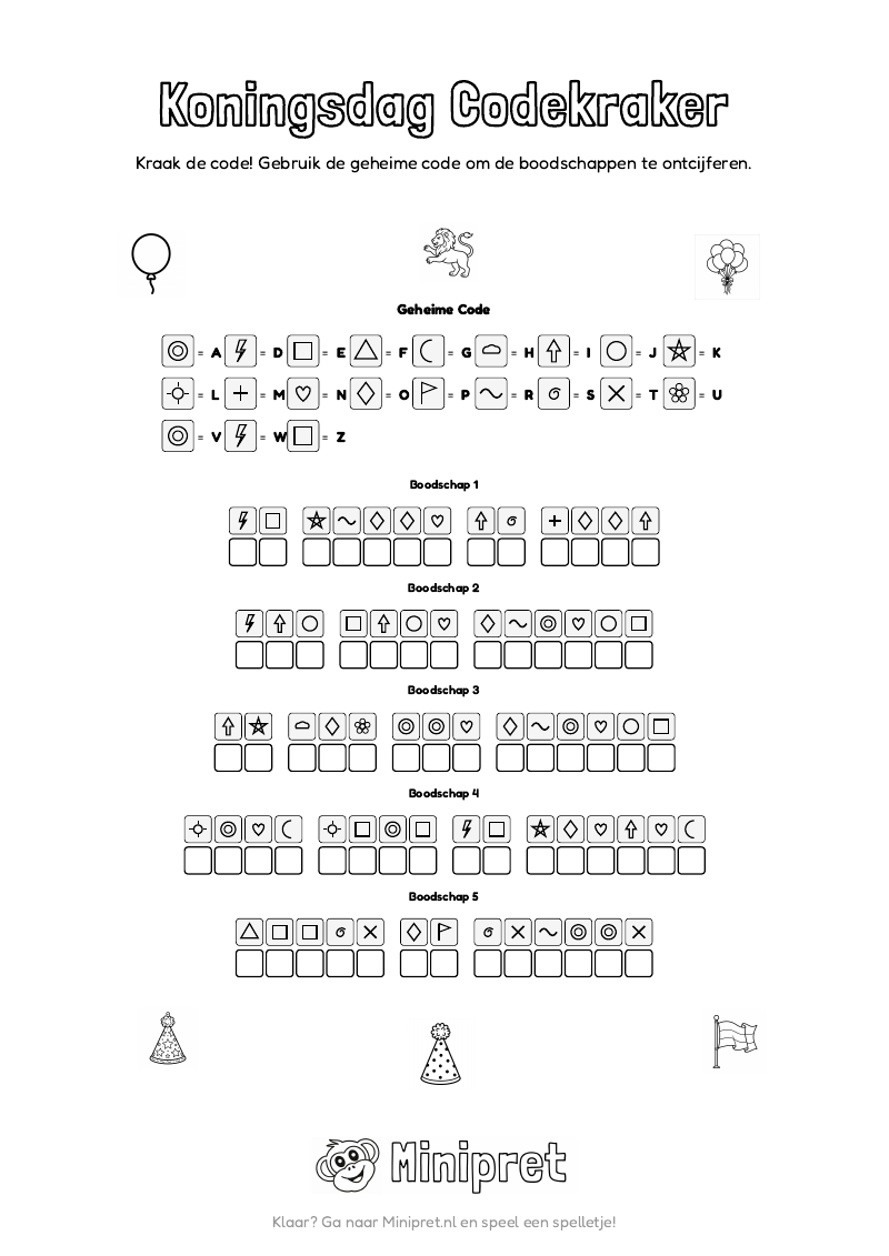 Koningsdag Codekraker Groep 3-4 — gratis werkblad PDF