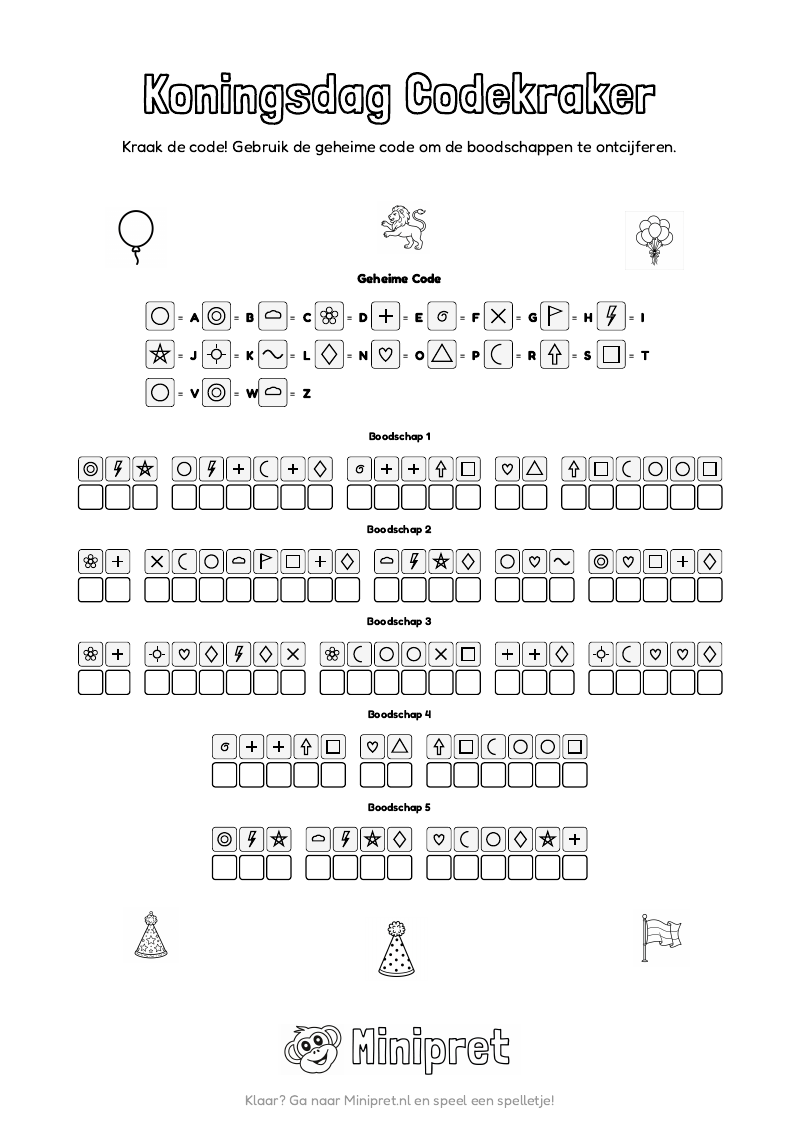 Koningsdag Codekraker Groep 5-6 — gratis werkblad PDF