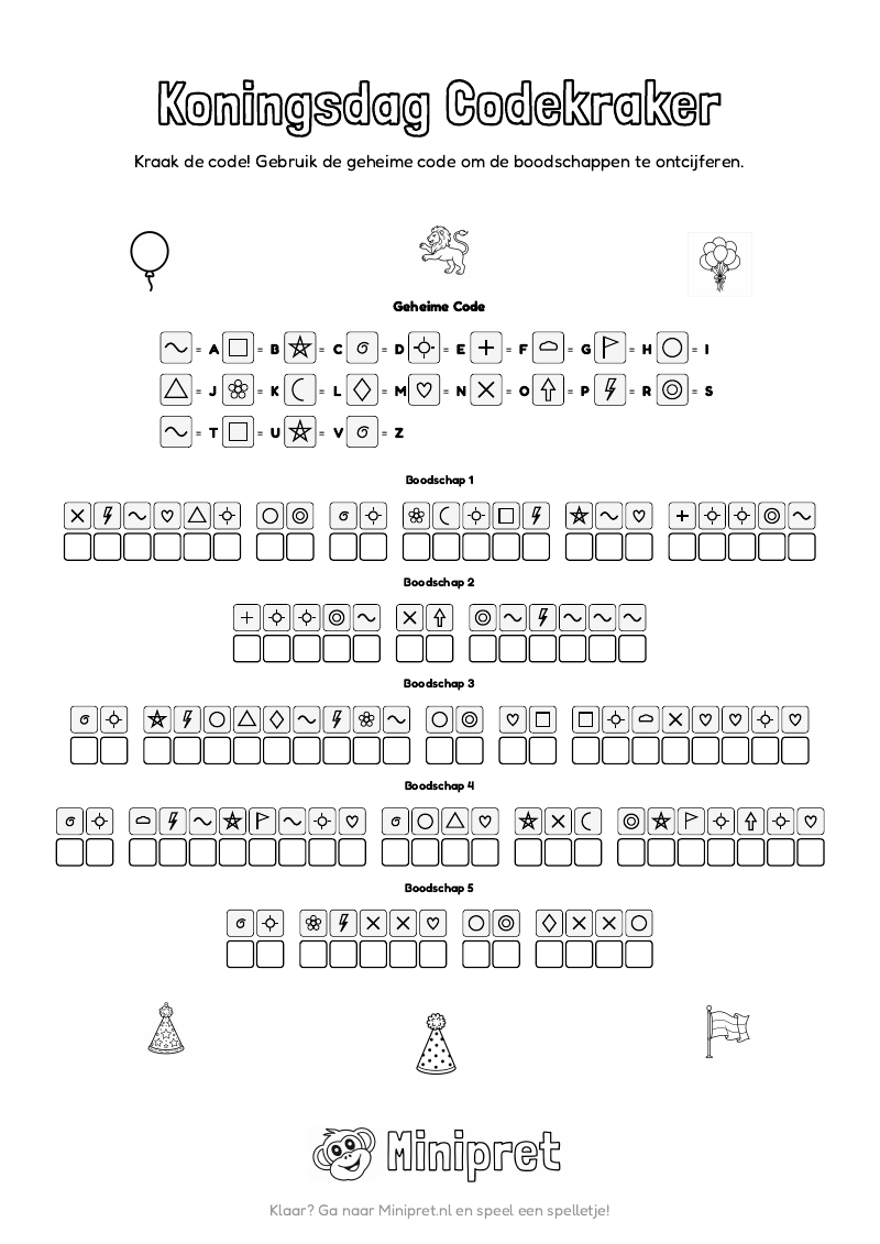 Koningsdag Codekraker Groep 7-8 — gratis werkblad PDF