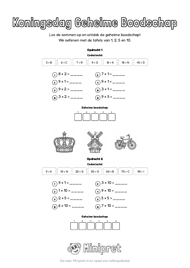 Koningsdag Geheime Boodschap Groep 3-4 — gratis werkblad PDF