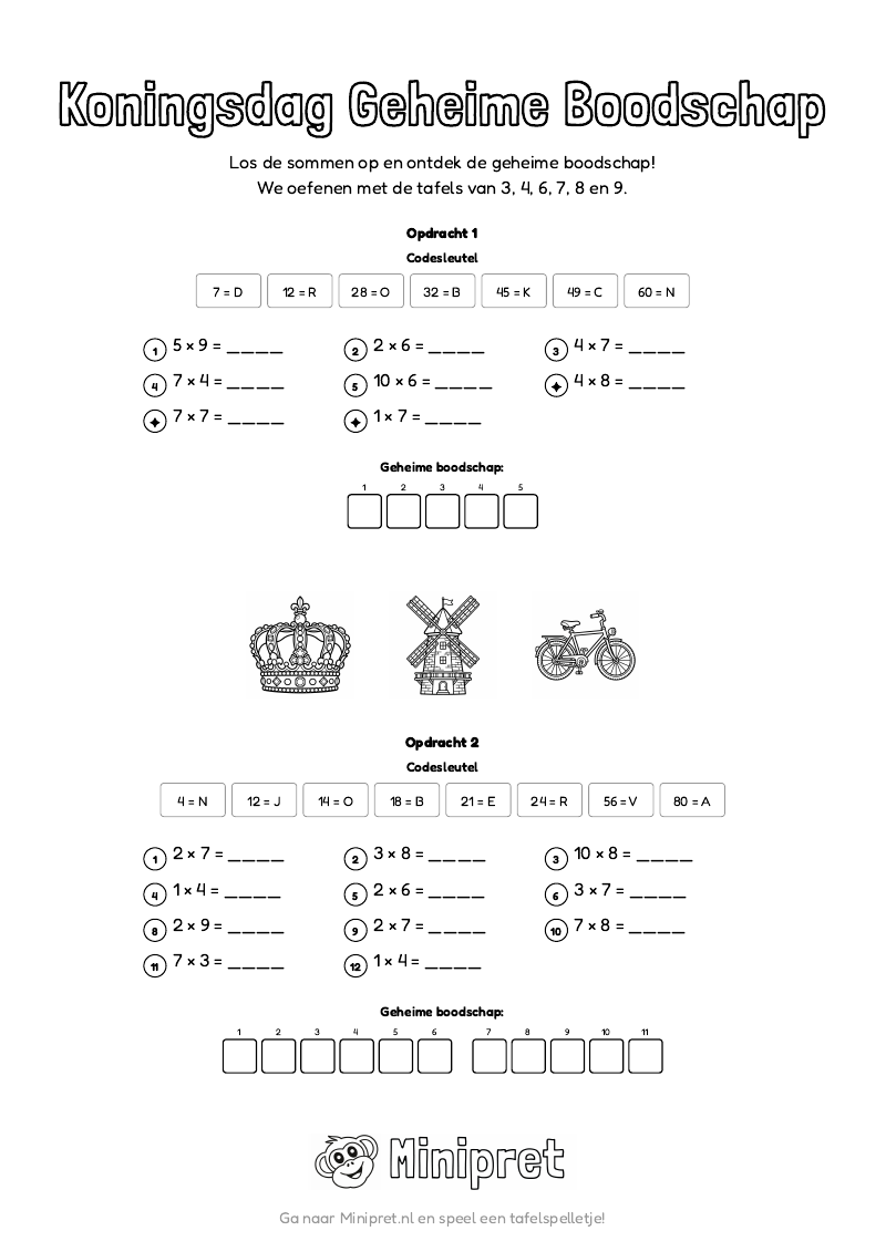 Koningsdag Geheime Boodschap Groep 5-6 — gratis werkblad PDF