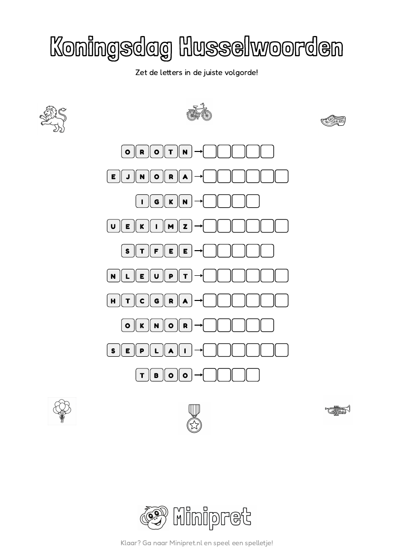 Koningsdag Husselwoorden Groep 3-4 — gratis werkblad PDF