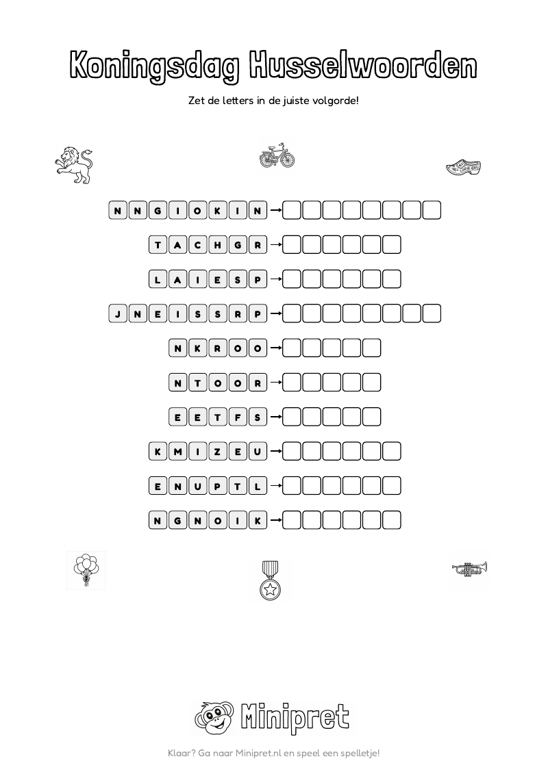 Koningsdag Husselwoorden Groep 5-6 — gratis werkblad PDF