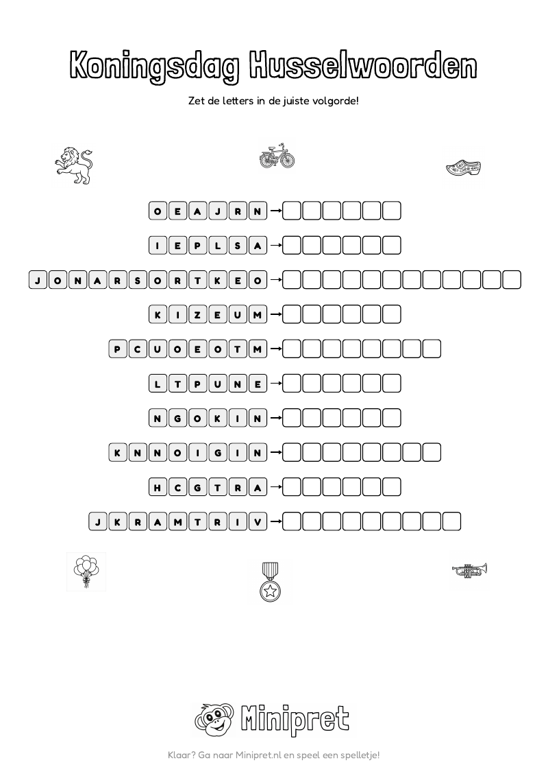 Koningsdag Husselwoorden Groep 7-8 — gratis werkblad PDF