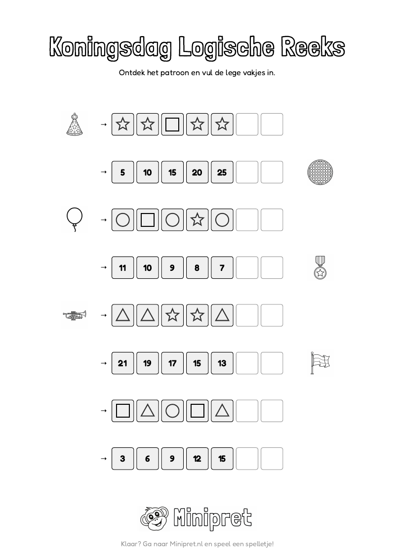 Koningsdag Logische Reeks Groep 3-4 — gratis werkblad PDF