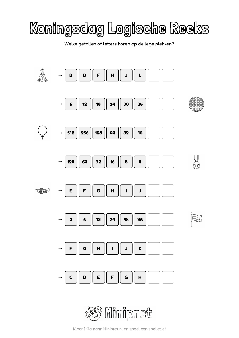 Koningsdag Logische Reeks Groep 5-6 — gratis werkblad PDF