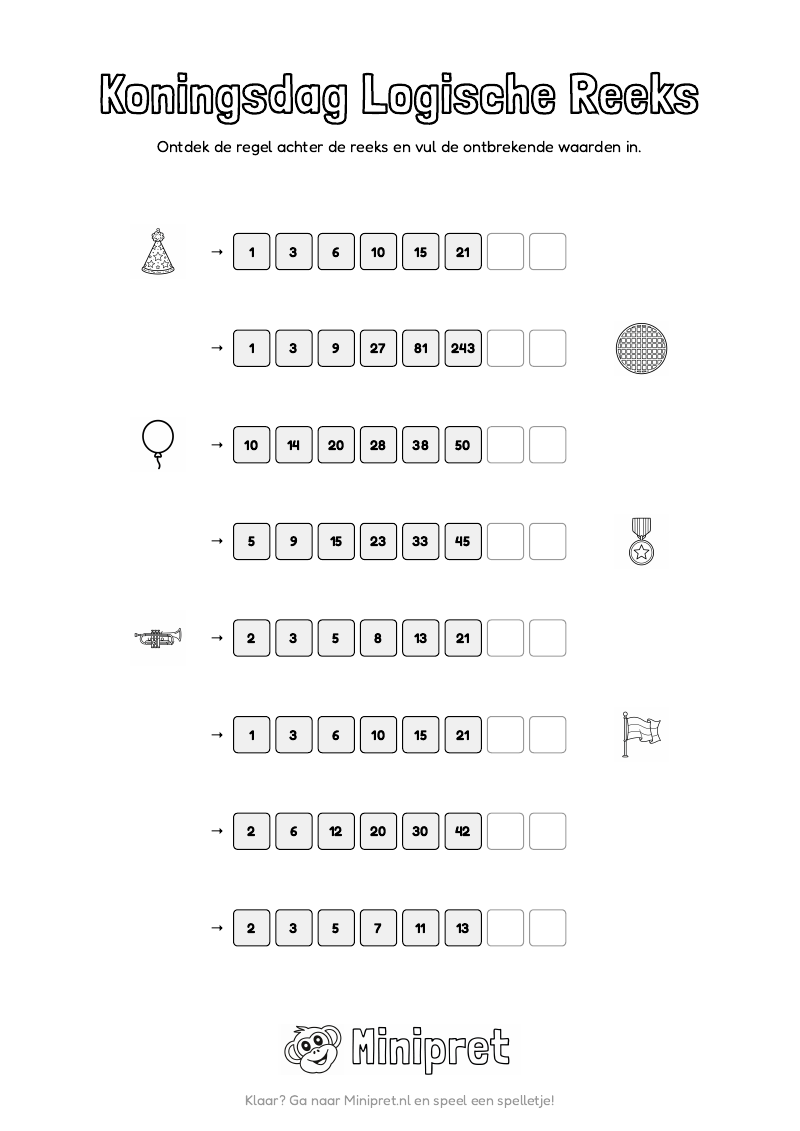 Koningsdag Logische Reeks Groep 7-8 — gratis werkblad PDF