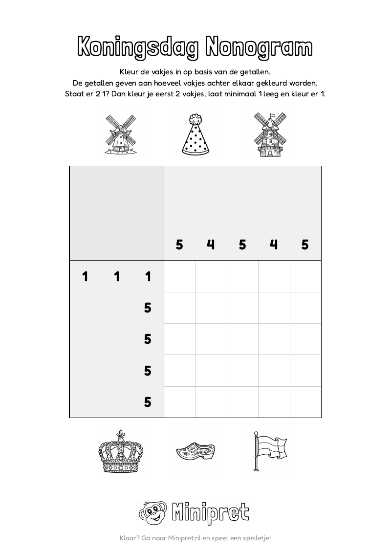 Koningsdag Nonogram Groep 5-6 — gratis werkblad PDF