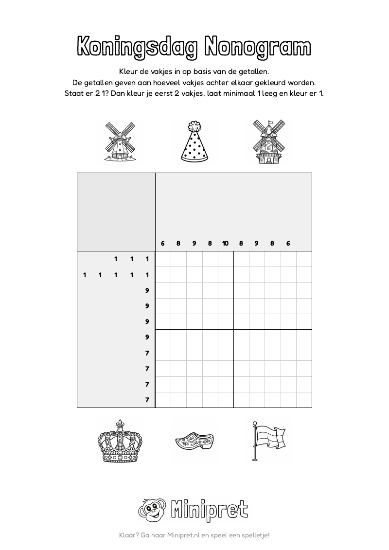 Koningsdag Nonogram Groep 7-8 — gratis werkblad PDF