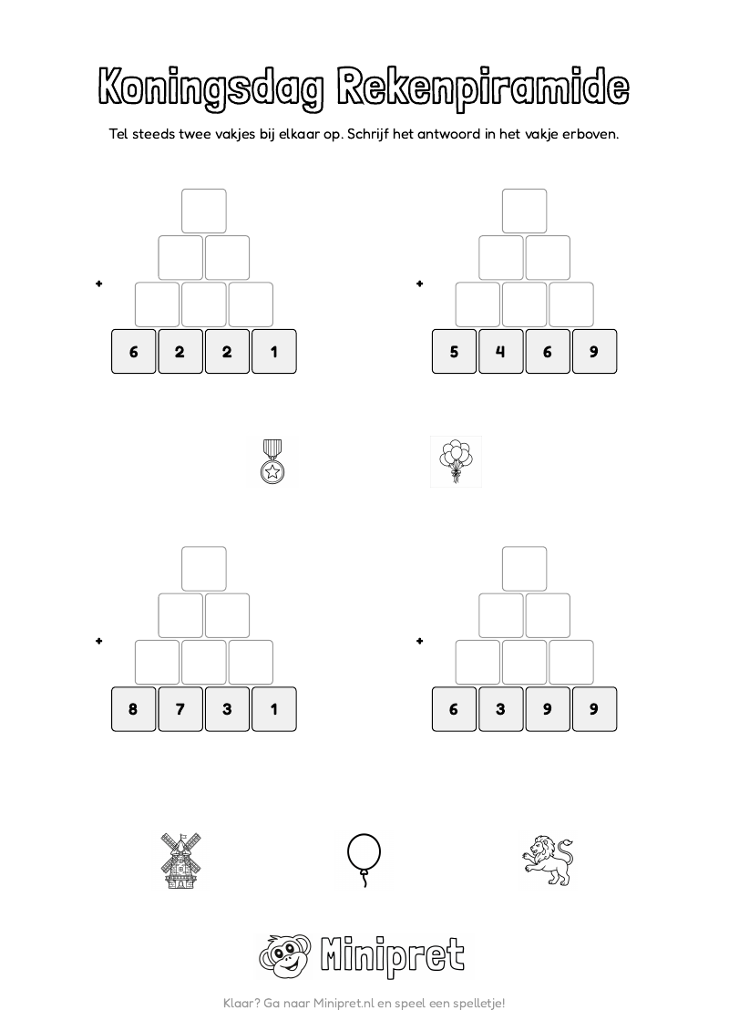 Koningsdag Rekenpiramide Groep 3-4 — gratis werkblad PDF