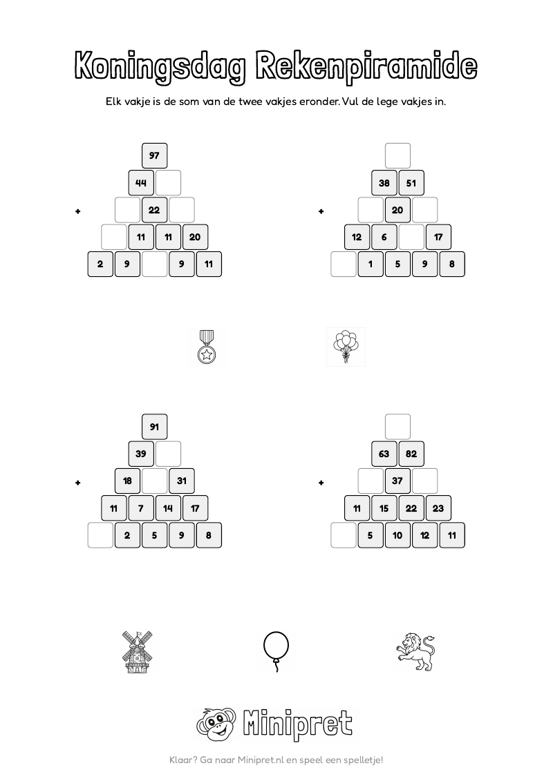 Koningsdag Rekenpiramide Groep 5-6 — gratis werkblad PDF