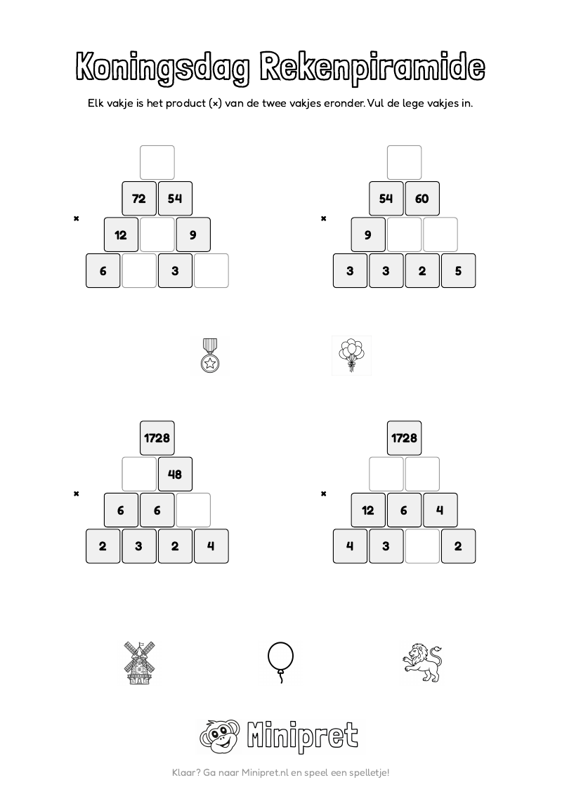 Koningsdag Rekenpiramide Groep 7-8 — gratis werkblad PDF