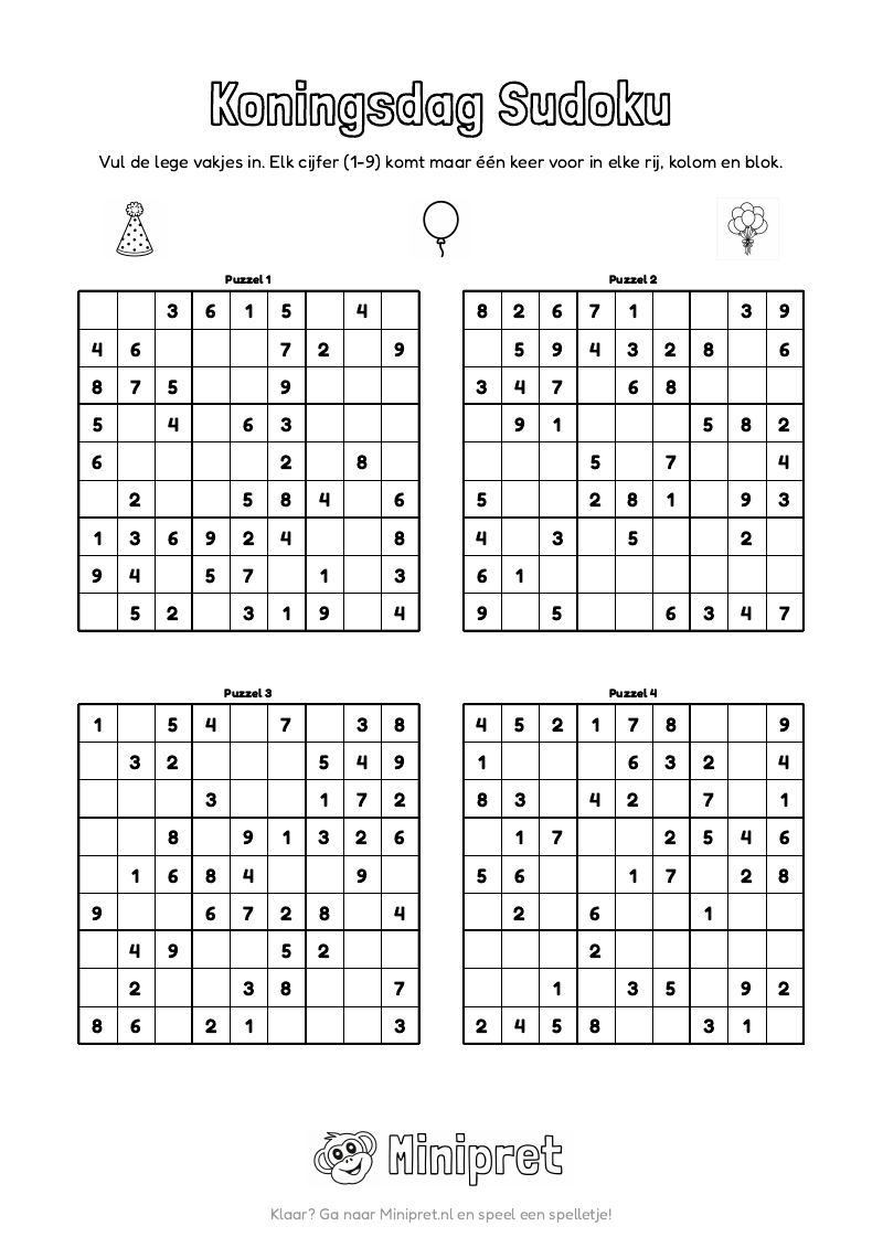 Koningsdag Sudoku Groep 3-4 — gratis werkblad PDF