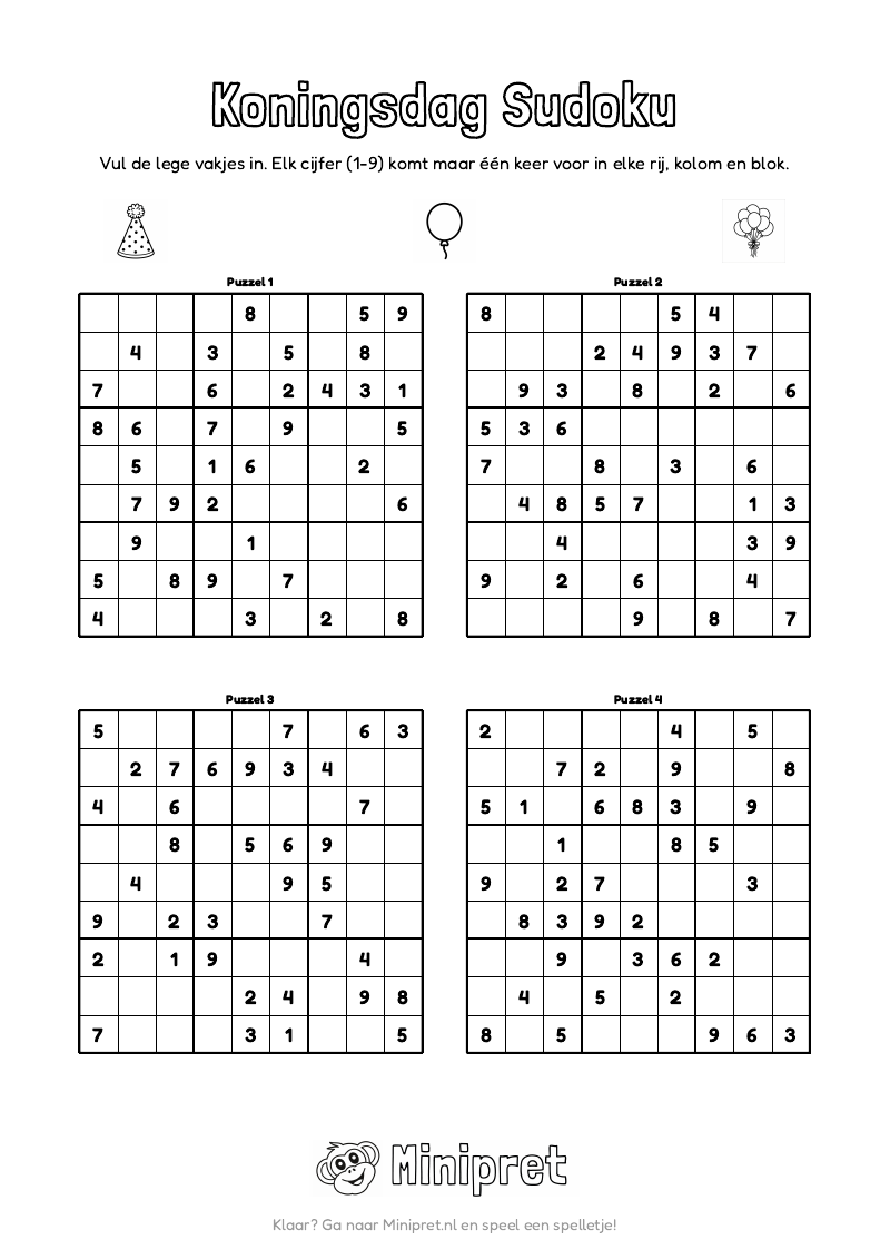Koningsdag Sudoku Groep 5-6 — gratis werkblad PDF