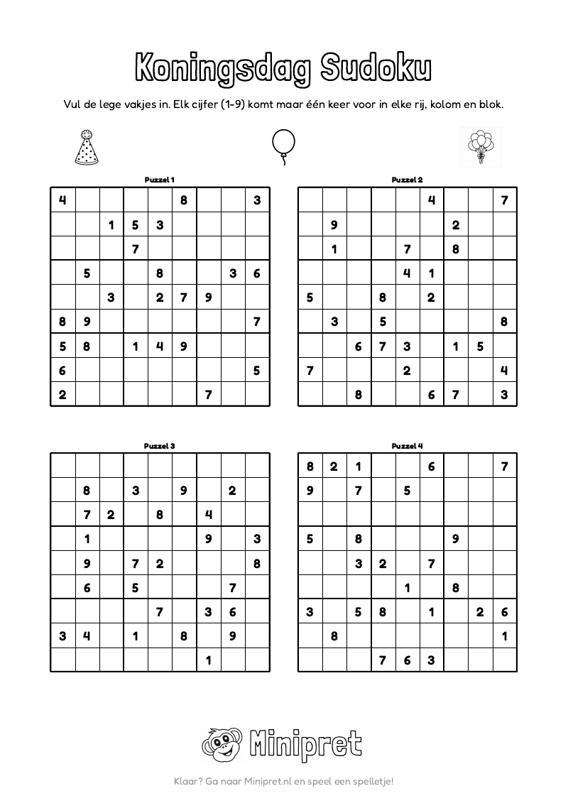 Koningsdag Sudoku Groep 7-8 — gratis werkblad PDF