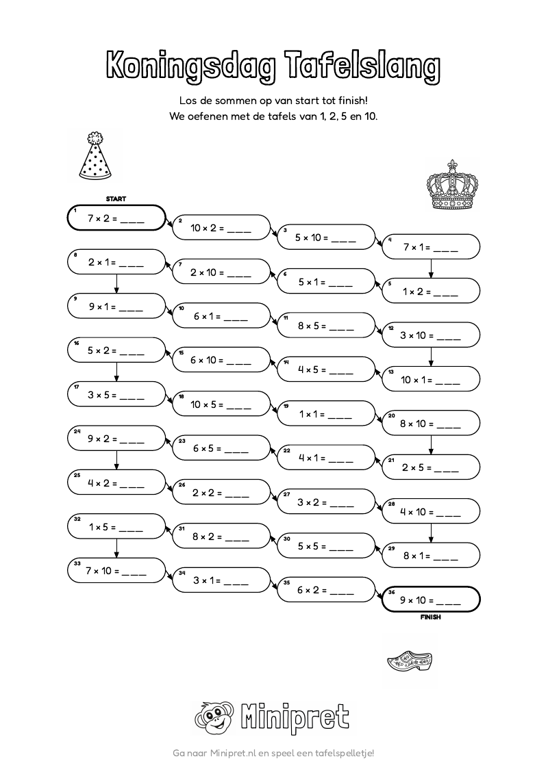Koningsdag Tafelslang Groep 3-4 — gratis werkblad PDF