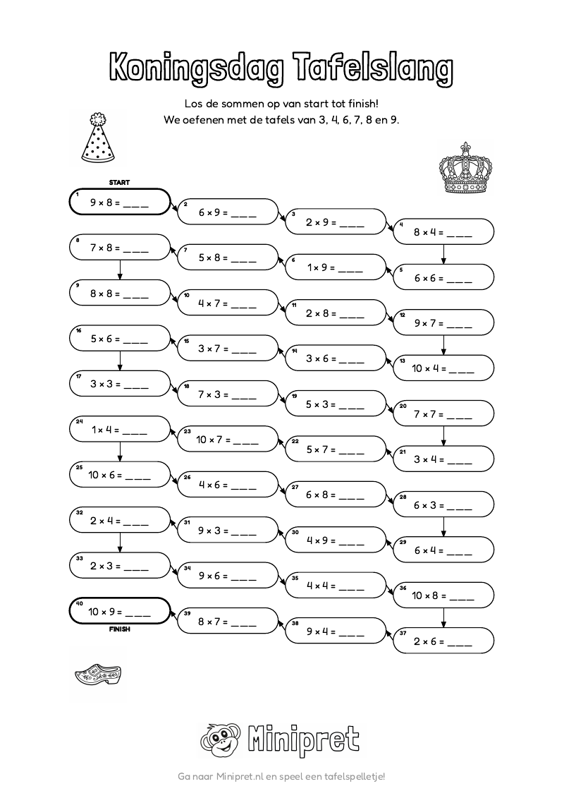 Koningsdag Tafelslang Groep 5-6 — gratis werkblad PDF