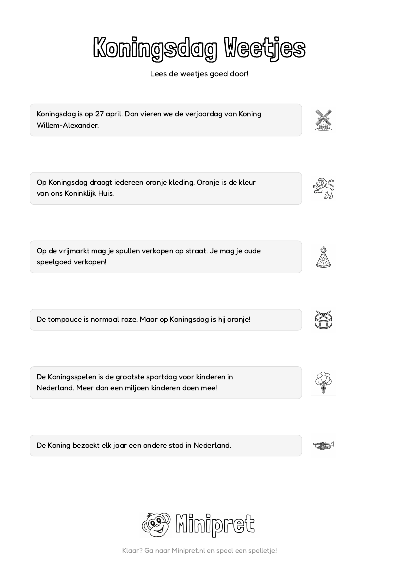 Koningsdag Weetjes En Quiz Groep 3-4 — gratis werkblad PDF